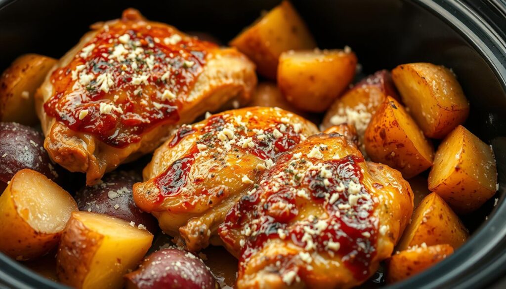 slow cooker garlic parmesan chicken and potatoes