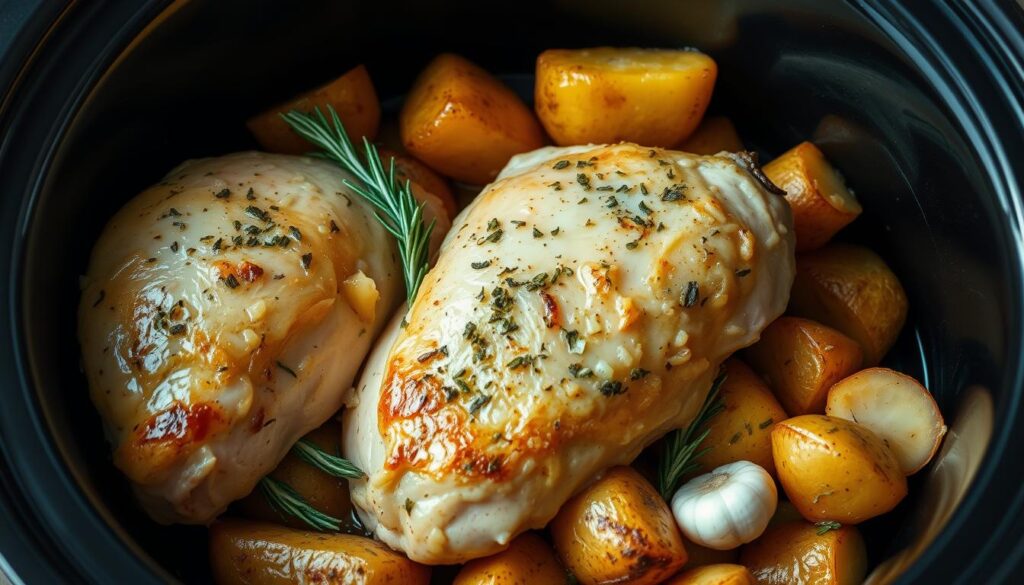 slow cooker garlic parmesan chicken and potatoes